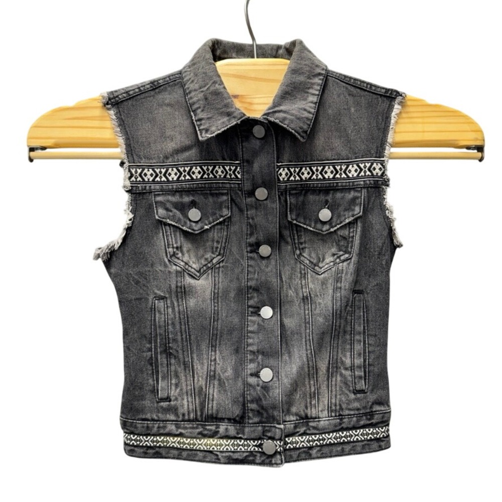 United Colors of Benetton Gray Denim Vest Embroidered Trim Boho Trucker S
